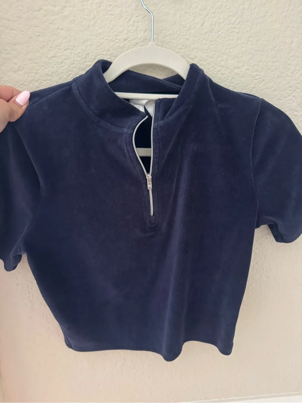 ALO Yoga Navy Blue Corduroy Short-Sleeve Zip Top